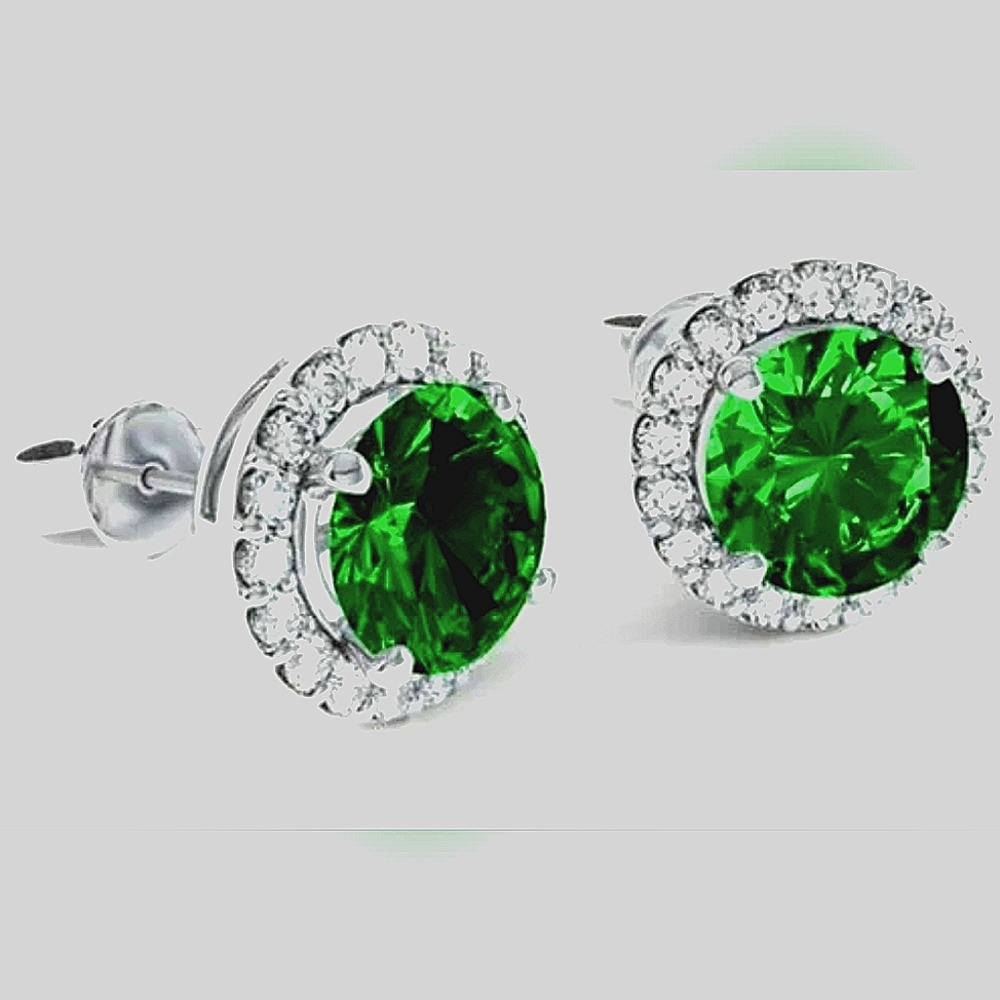 925 Sterling Silver Round Lab Created Emerald and White Topaz Halo Stud Earrings - Picture 3 of 3